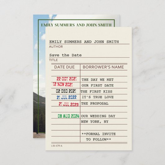Antieke bibliotheekkaart en boekomslag Save the Da Save The Date (Voorkant / Achterkant)