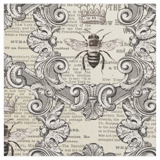 Antieke Bijen en Krantenpapier Print Stof (Close Up)