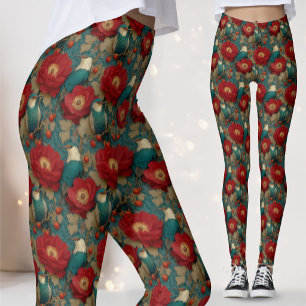 Antieke Blauw Witte Vogels Jade Bloemmotief Rood B Leggings