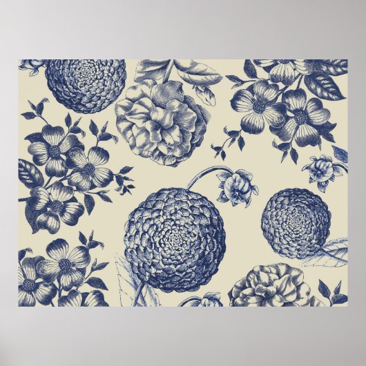 Antieke blauwe bloemenprint bloem poster (Voorkant)