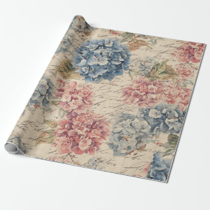 Antieke Blauwe en Roze Hortensia Ephemera Script  Cadeaupapier
