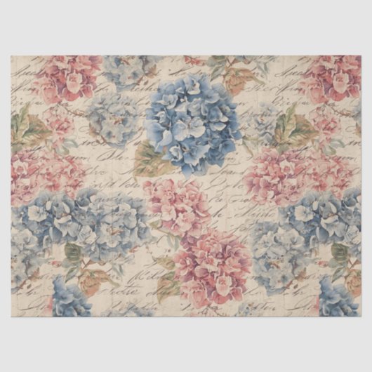 Antieke Blauwe en Roze Hortensia Ephemera Script Tissuepapier (Voorkant)