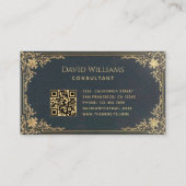 Antieke Blauwe Gouden Elegante Script & QR Code Visitekaartje (Achterkant)