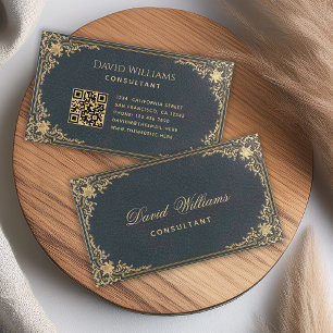 Antieke Blauwe Gouden Elegante Script & QR Code Visitekaartje