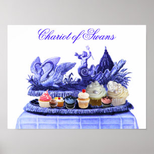 ANTIEKE BLAUWE KAROS VAN ZWANEN EN CUPCAKES POSTER