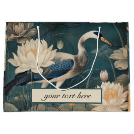 Antieke Blauwe Kraanvogel en Lotus Botanische Kuns Groot Cadeauzakje