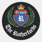 Antieke Blauwe Kuif Monogram Kroon Krans Ex Libris Ronde Sticker (Voorkant)
