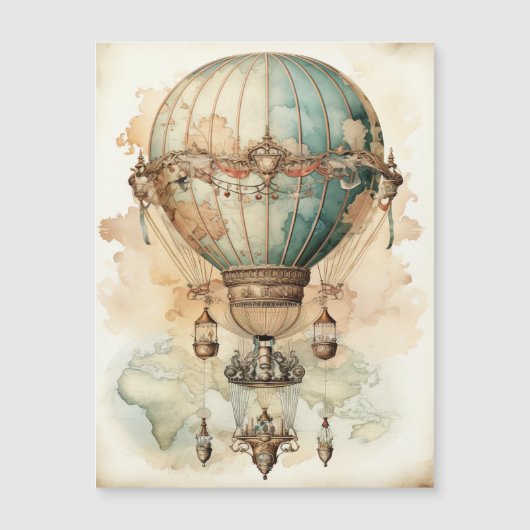 Antieke Blauwe Luchtballon Wereldkaart Ontdekkings (Voorkant)