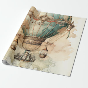 Antieke Blauwe Luchtballon Wereldkaart Ontdekkings Cadeaupapier