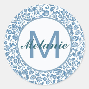 Antieke Blauwe Witte Bloemmotief Persoonlijk Ronde Sticker
