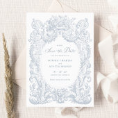 Antieke bloem barokke lijst blauwe save the date kaart