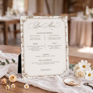 Antieke bloem bruine crèmekleurige barmenu huwelij fotoplaat