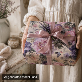 Antieke bloem- en vlindermotieven decoupage, paars inpakpapier vel