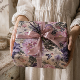 Antieke bloem- en vlindermotieven decoupage, paars inpakpapier vel