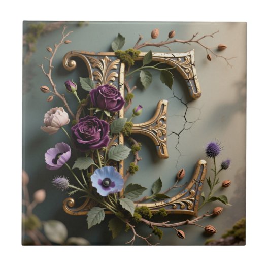Antieke bloem goud turquoise letter E Tegeltje (Voorkant)