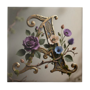 Antieke bloem gouden letter A monogram Tegeltje