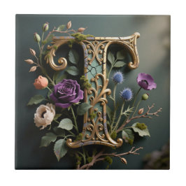 Antieke bloem gouden letter T monogram Tegeltje