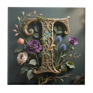 Antieke bloem gouden letter T monogram Tegeltje