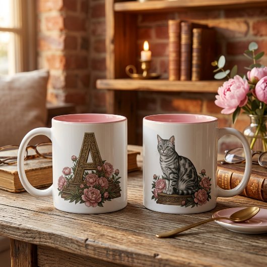 Antieke bloem-motief kat monogram mok