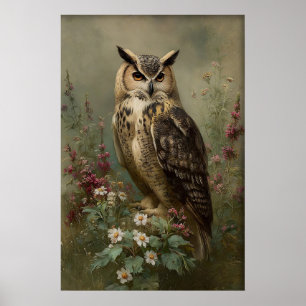 Antieke Bloem Uil Print, Droevige Vogel Botanische Poster