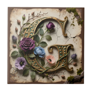 Antieke bloemengoud letter G monogram Tegeltje