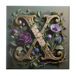 Antieke bloemengoud Letter X monogram Tegeltje