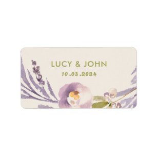 Antieke bloemenkrans bruiloft lavendel seringen etiket