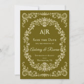 Antieke bloemenuitnodiging met monogram om de datu save the date (Voorkant)