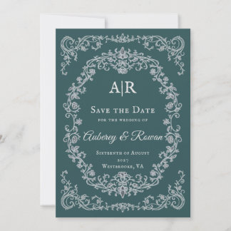 Antieke bloemenuitnodiging met monogram 'save the save the date