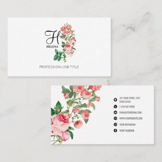 Antieke Bloemige Botanische Aangepaste Monogram Visitekaartje (Voorkant / Achterkant)