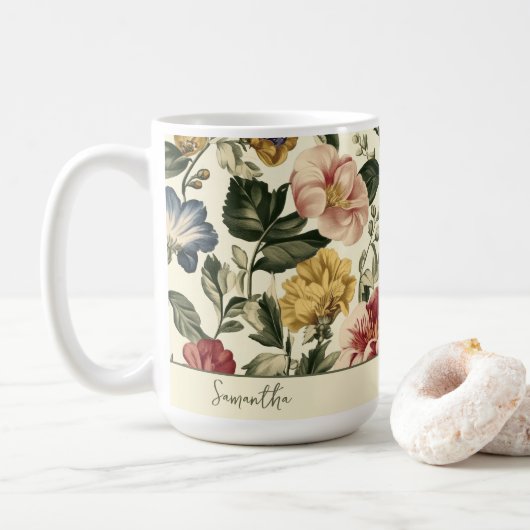 Antieke Bloemige Monogramnaam Koffiemok (Met donut)