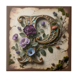 Antieke bloemige opalescente letter P monogram Tegeltje