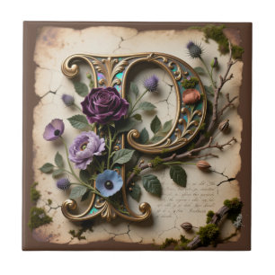 Antieke bloemige opalescente letter P monogram Tegeltje