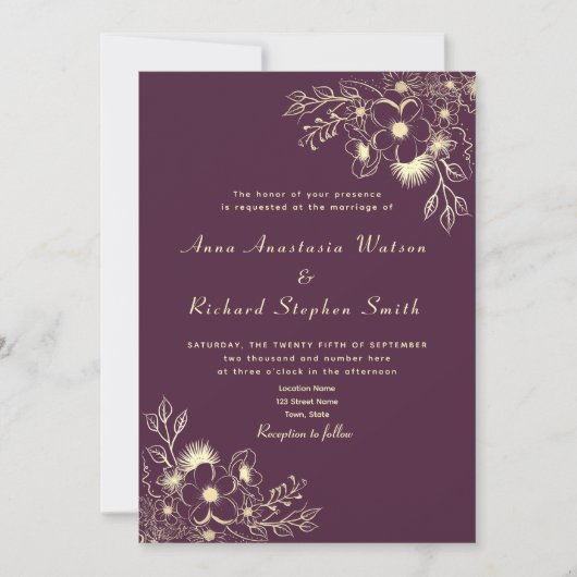 Antieke Bloemige Paarse Trouw Uitnodiging (Voorkant)