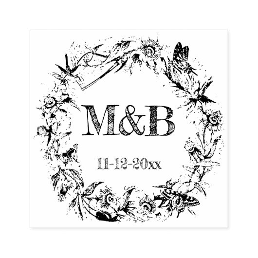 Antieke bloemige rustieke krans monogram bruiloft rubberstempel (Afrduk)
