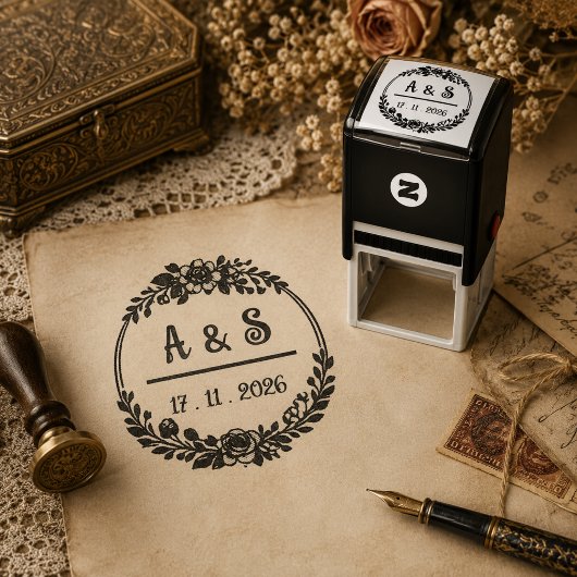 Antieke bloemige trouw monogram rubberen stempel