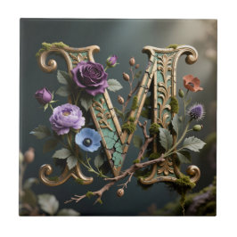 Antieke bloemrijke gouden letter M monogram Tegeltje