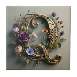 Antieke bloemrijke gouden letter Q monogram Tegeltje