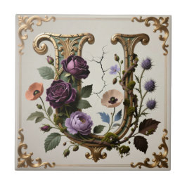 Antieke bloemrijke gouden letter U monogram Tegeltje
