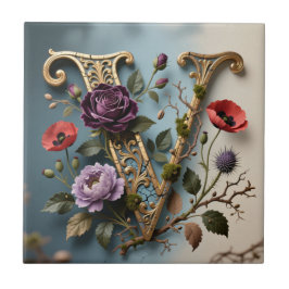 Antieke bloemrijke gouden letter V monogram Tegeltje