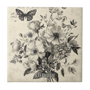 Antieke bloemschikking - monochrome vlinder tegeltje