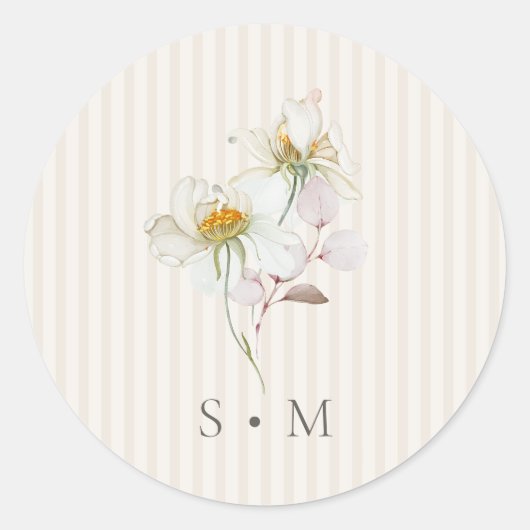 Antieke bloemstreep bruiloftsmonogramsticker ronde sticker (Voorkant)