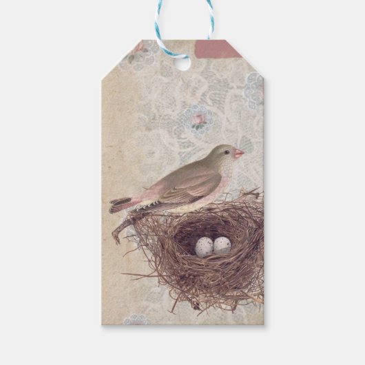 Antieke Bloemstuk Vogel Nest Scrapboek Cadeaulabel (Voorkant)