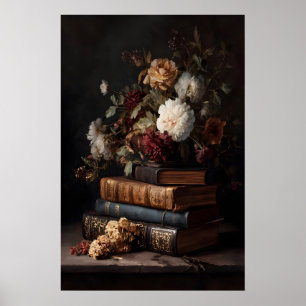 Antieke Boeken & Bloemen Donkere Academische Still Poster