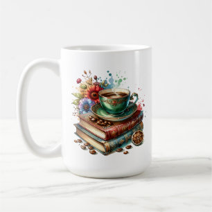Antieke boeken, bloemen en koffie of thee koffiemok