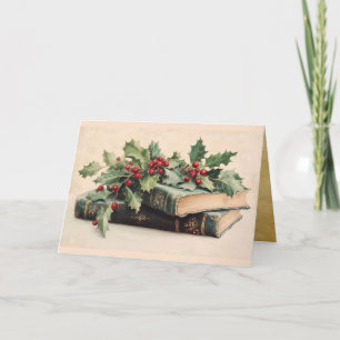 ANTIEKE BOEKEN MET HULSTBESSEN Vintage Kerstmis Feestdagen Kaart