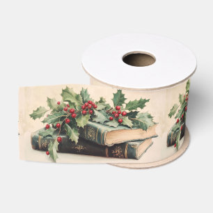 ANTIEKE BOEKEN MET HULSTBESSEN Vintage Kerstmis Grosgrain Lint