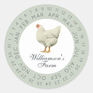 Antieke boerderijkip datum-omcirkelde eierdoos gro ronde sticker