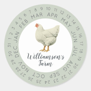 Antieke boerderijkip datum-omcirkelde eierdoos gro ronde sticker