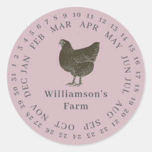 Antieke boerderijkip omcirkelde datum eierdoos paa ronde sticker